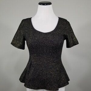 Lush Peplum Blouse S Small Black Gold Shimmer Sparkle Holiday Evening Wear